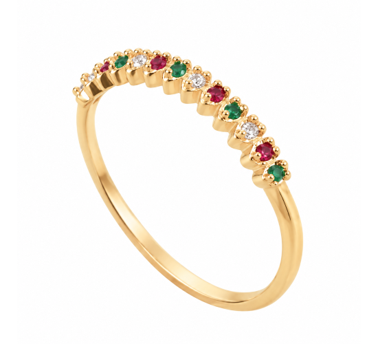 Anel gotinha zirconia verde, vermelha e cristal. 141179