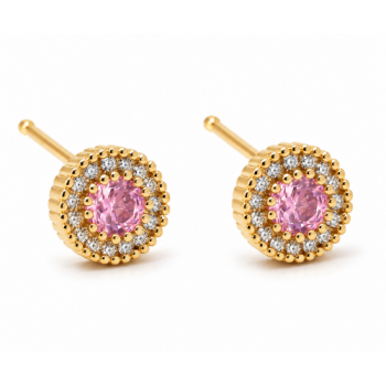 Brinco chuveiro redondo microgrifas pedra maior rosa claro com zirconia cristal em volta. 7.5mm. 151428