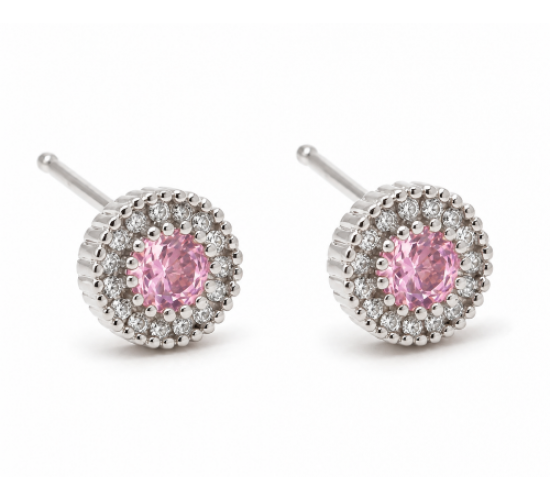 Brinco chuveiro redondo microgrifas pedra maior rosa claro com zirconia cristal em volta. 7.5mm, prata. 351428