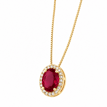 Colar oval pedra maior vermelho rubi com zirconia cristal em volta. 6x4mm. 161511