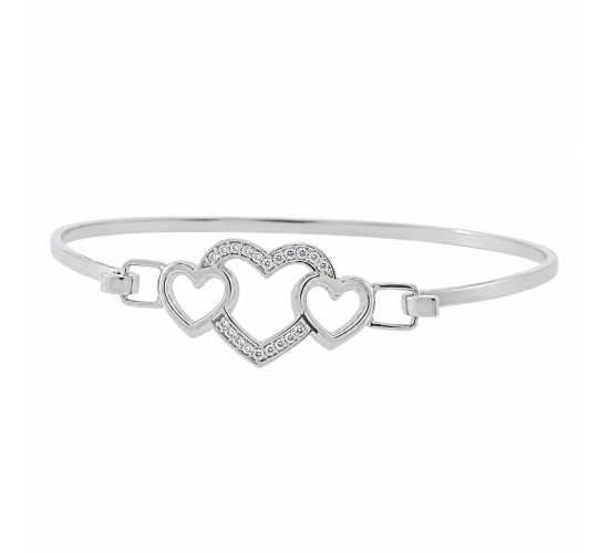 Bracelete coracao 3 coracoes, liso e zirconia cristal, Prata. 361247