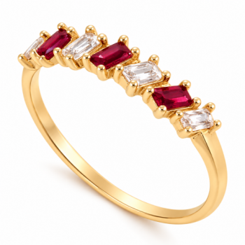 Anel meia alianca 7 baguetes intercalado vermelho rubi e cristal. 140029 Anel meia alianca 7 baguetes intercalado vermelho rubi e cristal. 140029