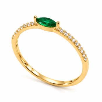 Anel solitario navete 6mm verde esmeralda zirconia cristal nas laterais. 140036