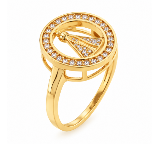Anel aro oval zirconia cristal com Nossa Senhora Aparecida, manto zirconia cristal. 141213