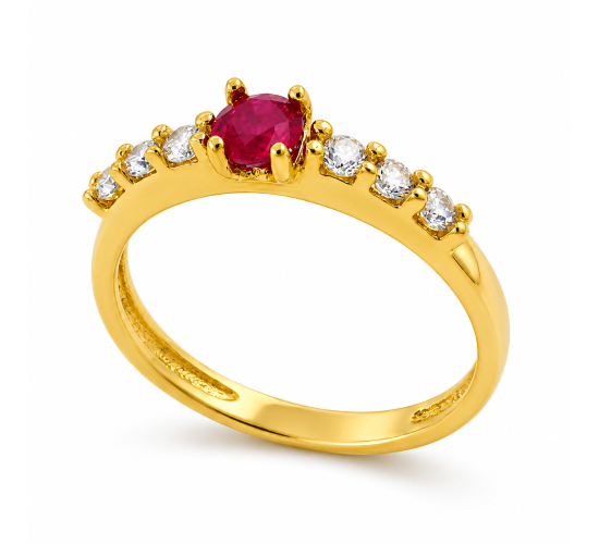 Anel solitario 4mm vermelho zirconia cristal 2mm nas laterais. 141338