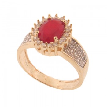 Anel oval pedra maior vermelho rubi com zirconia cristal em volta e nas laterais. 141381