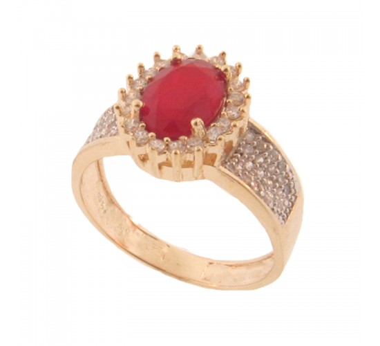 Anel oval pedra maior vermelho rubi com zirconia cristal em volta e nas laterais. 141381