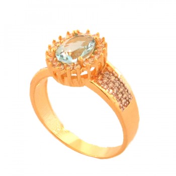 Anel oval aguar marinha com zirconia cristal nas laterais. 141383