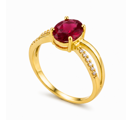 Anel solitario vermelho rubi zirconia cristal nas laterais. 141398