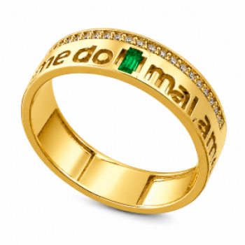 Anel manuscrito livrai me de todo mal, com zirconia verde esmeralda no centro. 1415088