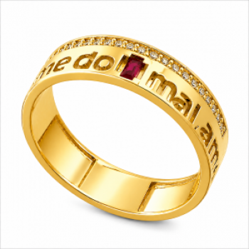 Anel manuscrito livrai me de todo mal, com zirconia vermelha rubi no centro. 1415089