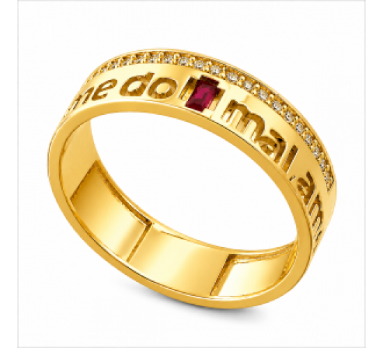 Anel manuscrito livrai me de todo mal, com zirconia vermelha rubi no centro. 1415089