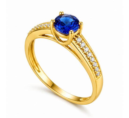 Anel solitartio azul safira 5mm zirconia cristal nas laterais. 141509
