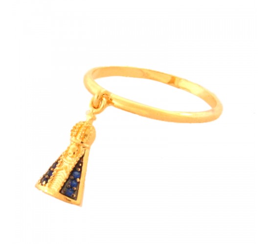 Anel pingente Nossa Senhora Aparecida anto zirconia azul safira, aro liso. 1415162