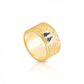 Anel 10mm manuscrito Ave Maria com Nossa Sra Aparecida em relevo com zirconia azul safira. 1415442