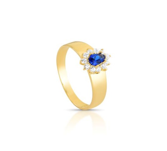 Anel gota azul safira 9mm com zirconia cristal em volta, aro liso. 1415602