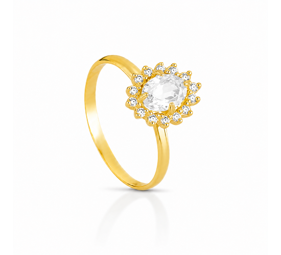 Anel solitario oval zirconia maior cristal, em volta cristal. 1430040
