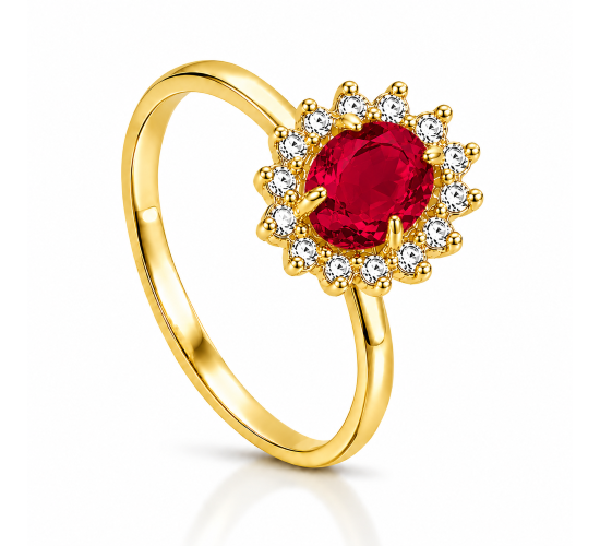 Anel pedra maior oval vermelho rubi, zirconia cristal em volta 1430049