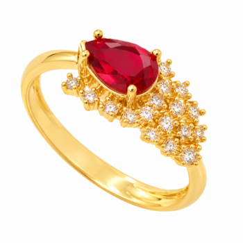 Anel gota vermelho rubi lateral com cascata de zirconia cristal. 1430109