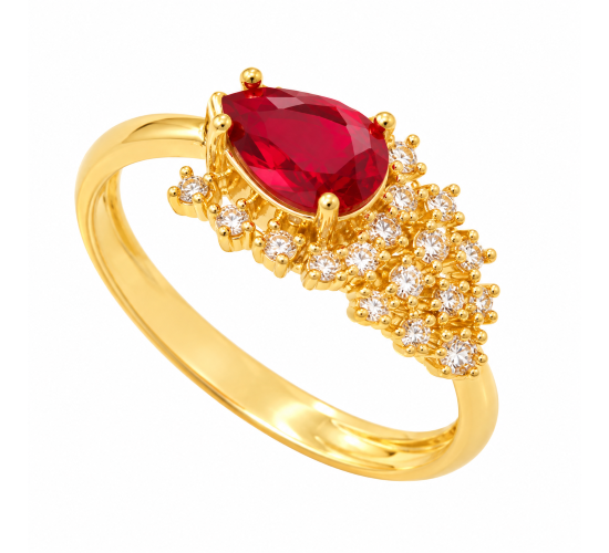 Anel gota vermelho rubi lateral com cascata de zirconia cristal. 1430109
