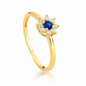 Anel flor pequena zirconia azul no meio e cristal em volta. 1430232 Anel flor pequena zirconia azul no meio e cristal em volta. 1430232