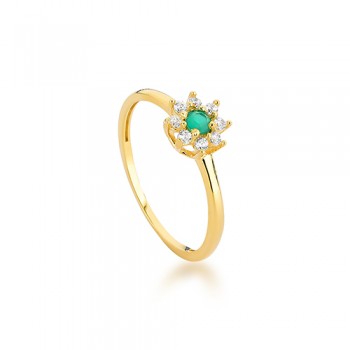 Anel flor pequena zirconiz verde no miolo e cristal em volta. 1430238