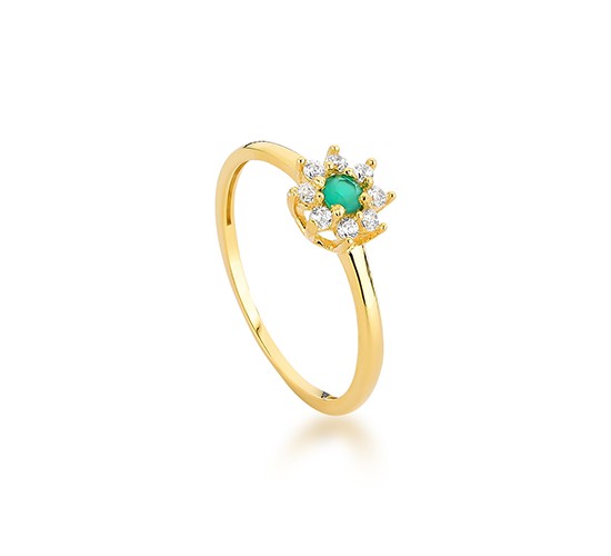 Anel flor pequena zirconiz verde no miolo e cristal em volta. 1430238
