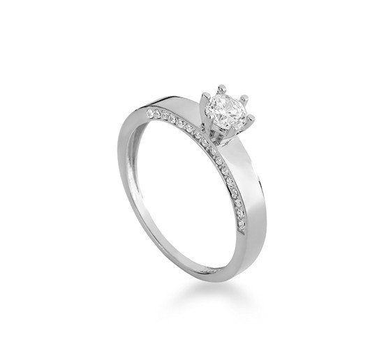 Anel solitario zirconia cristal 4mm e cristal nas laterais, prata. 340008