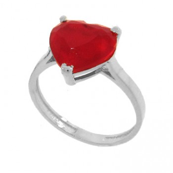 Anel coracao pedra vermelho rubi aro liso, Prata. 340012