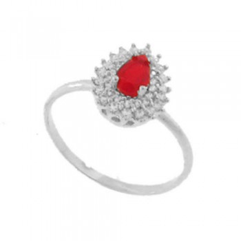 Anel gota pedra maior vermelho rubi com zirconia cristal em volta, Prata. 340017