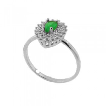 Anel gota pedra maior verde esmeralda com zirconia cristal em volta, Prata. 340020