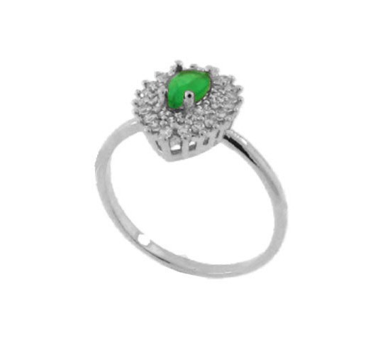 Anel gota pedra maior verde esmeralda com zirconia cristal em volta, Prata. 340020