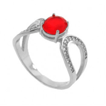 Anel solitario pedra oval rubi vazado na lateral com zirconia cristal. 340044