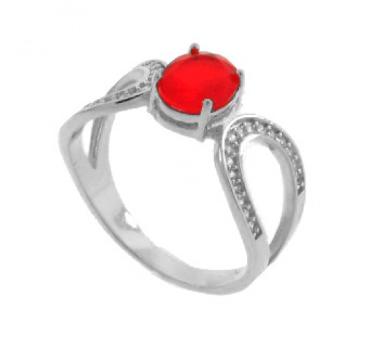 Anel solitario pedra oval rubi vazado na lateral com zirconia cristal. 340044