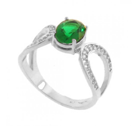 Anel solitario pedra oval verde vazado na lateral com zirconia cristal, prata. 340045