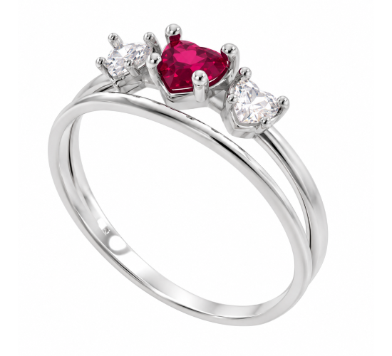 Anel aro liso com 3 coracoes zirconia vermelha no meio e cristal do lado, prata. 340055