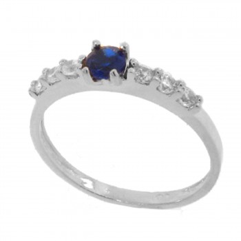 Anel solitario azul safira 4mm, zirconia cristal 2mm nas laterais, prata. 340086