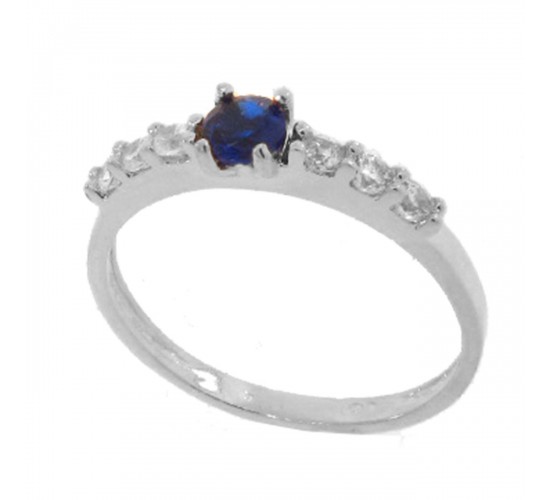 Anel solitario azul safira 4mm, zirconia cristal 2mm nas laterais, prata. 340086