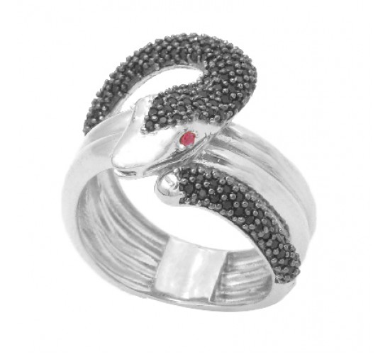 Anel cobra zirconia negra, Prata. 340440