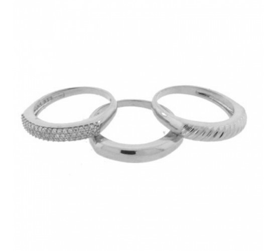 Anel trio quadrado nas laterais liso, zirconia cristal e riscado, prata. 340610