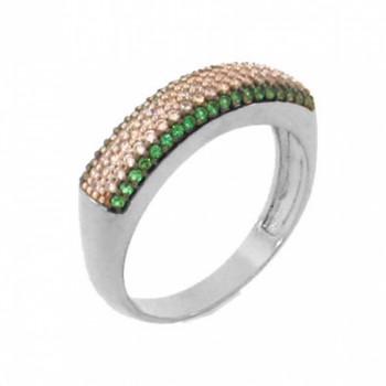 Anel pave media zirconia cristal no centro e verde nas laterais, prata. 340656