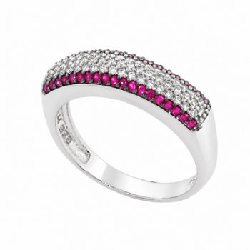Anel pave media zirconia cristal no centro e zirconia vermelha nas laterais, prata. 340660