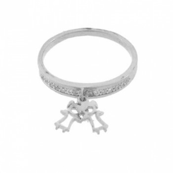 Anel aro zirconia cristal com 2 meninas penduradas, Prata. 340697