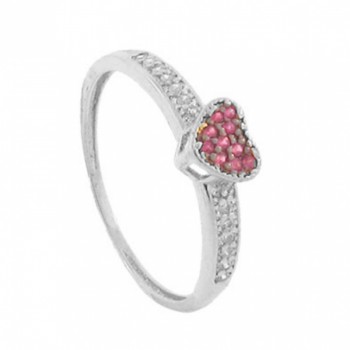 Anel coracao chuveiro zirconia vermelha e zirconia cristal nas laterais, prata. 340806