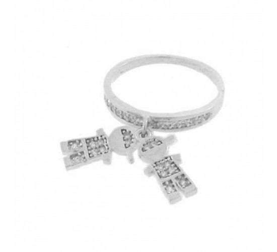 Anel aro zirconia cristal com 2 meninos pendurado zirconia cristal, Prata. 340826