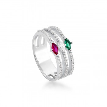 Anel 3 aros zirconia cristal com navetes vermelha, verde e cristal, prata. 340938