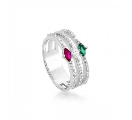 Anel 3 aros zirconia cristal com navetes vermelha, verde e cristal, prata. 340938