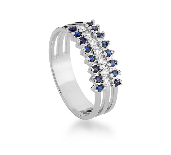Anel trio junto com bordas azuis e centro cristal, prata. 340943