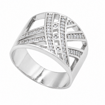 Anel com tiras cruzadas, zirconia branca, prata. 3409460