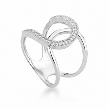 Anel em X sobreposto liso e zirconia cristal, prata. 340995